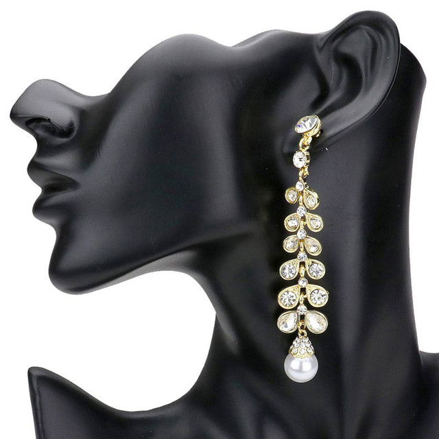 Gold Stone Embellished Leaf Pearl Link Dangle Evening Earrings, complete the appearance of elegance and royalty to drag the attention of the crowd on special occasions with these stone embellished leaf pearl dangle earrings. The beautifully crafted design adds a gorgeous glow to any outfit to make you stand out and more confident. Perfect jewelry gift to expand a woman's fashion wardrobe with a modern, on-trend style.