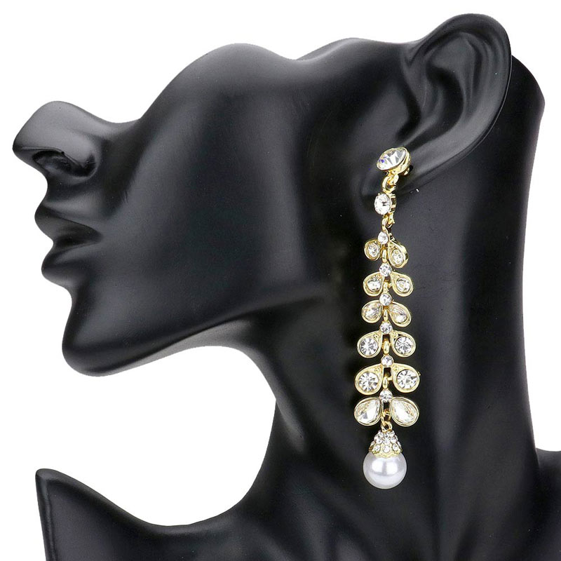 Gold Stone Embellished Leaf Pearl Link Dangle Evening Earrings, complete the appearance of elegance and royalty to drag the attention of the crowd on special occasions with these stone embellished leaf pearl dangle earrings. The beautifully crafted design adds a gorgeous glow to any outfit to make you stand out and more confident. Perfect jewelry gift to expand a woman's fashion wardrobe with a modern, on-trend style. 