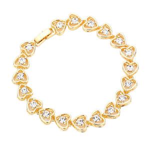 Gold Stone Embellished Metal Heart Link Evening Bracelet, add a a heart theme to your outfit with this beautiful metal link bracelet, goes perfect with a t-shirt, summer dress or work clothes.  With a polished finish and lifelike details. A timeless and traditional Holiday, Anniversary gift, Birthday gift, Valentine's Day gift for a woman or girl of any age.
