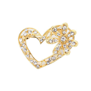 Gold Stone Embellished Open Heart Flower Pin Brooch. Beautifully crafted design adds a gorgeous glow to any outfit. Jewelry that fits your lifestyle! Perfect Birthday Gift, Anniversary Gift, Mother's Day Gift, Anniversary Gift, Graduation Gift, Prom Jewelry, Just Because Gift, Thank you Gift.