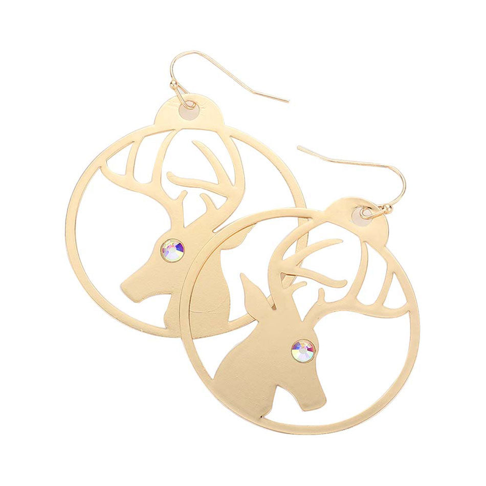 Gold Stone Embellished Rudolph Metal Round Dangle Earrings. The beautiful and lightweight dangle earrings are designed with various Christmas elements. Wearing them can not only increase the Christmas atmosphere, but also enhance the relationship with your family.These exquisite animal themed Christmas earrings are suitable for various occasions. They are good jewelry accessories for Christmas parties and family gatherings.