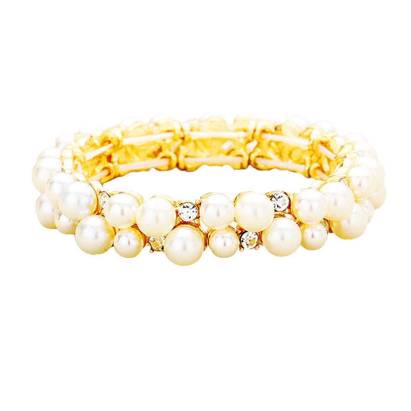Gold Pearl Round Stone Cluster Stretch Bracelet, Get ready with this stretchable Bracelet and put on a pop of color to complete your ensemble. Perfect for adding just the right amount of shimmer & shine and a touch of class to special events. Wear with different outfits to add perfect luxe and class with incomparable beauty. Just what you need to update in your wardrobe. Perfect Birthday Gift, Anniversary Gift, Mother's Day Gift, Mom Gift, Thank you, Gift, Just Because Gift, Daily Wear.