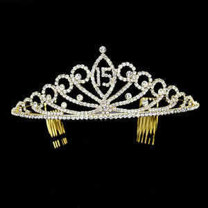 Gold Sweet 15 Rhinestone Princess Tiara, this princess tiara is a classic royal tiara made from gorgeous rhinestone accented is the epitome of elegance. Exquisite design with stunning color and brightness, makes you more eye-catching in the crowd and also it will make you more charming and pretty without fail