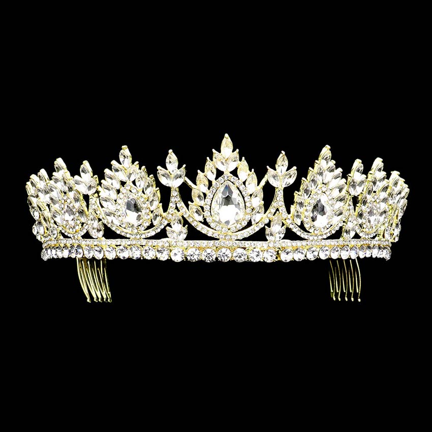 Gold Teardrop Accented Marquise Stone Cluster Princess Tiara, The stunning hair accessory is really beautiful, Pretty, and lightweight. Makes You More Eye-catching at special events and wherever you go. Perfect for adding just the right amount of shimmer & shine, will add a touch of class, beauty, and style to your wedding, prom, or special events, Marquise Stone Cluster, keeps your hair sparkling all day & all night long. Show your royalty with this marquise cluster, Princess Tiara.