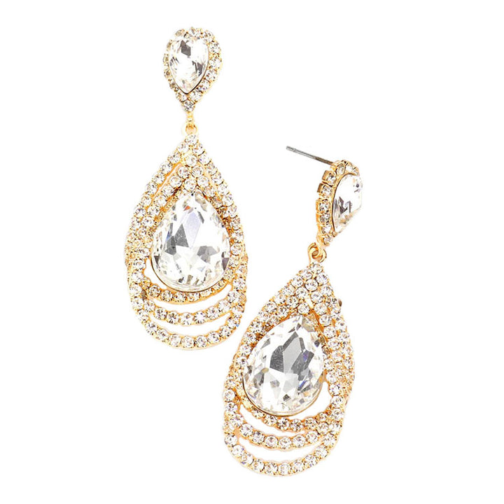 Gold Teardrop Centered Rhinestone Trimmed Dangle Evening Earrings. Beautifully crafted design adds a gorgeous glow to any outfit. Jewelry that fits your lifestyle! Perfect Birthday Gift, Anniversary Gift, Mother's Day Gift, Anniversary Gift, Graduation Gift, Prom Jewelry, Just Because Gift, Thank you Gift.