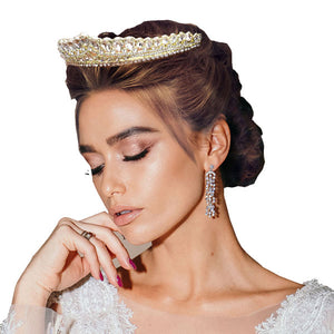 Gold Teardrop Cluster Detailed Princess Tiara. Perfect for adding just the right amount of shimmer & shine, will add a touch of class, beauty and style to your wedding, prom, special events, embellished glass crystal to keep your hair sparkling all day & all night long.