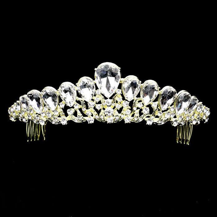 Gold Teardrop Crystal Rhinestone Pave Princess Tiara. Perfect for adding just the right amount of shimmer & shine, will add a touch of class, beauty and style to your , special events, embellished glass Pageant to keep your hair sparkling all day & all night long may look like you a princess. Perfect Gift for every women. Any Occasion You Want to Be More. Charming.