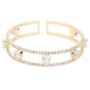Gold Teardrop Glass Stone Split Rhinestone Cuff Evening Bracelet, This Rhinestone Bracelet sparkles all around with it's surrounding round glass stone, adds a sophisticated glow to any outfit. Stylish evening bracelet that is easy to put on, take off and comfortable to wear. Perfect gift for your loved one. Awesome gift for birthday, Anniversary, Valentine’s Day or any special occasion.