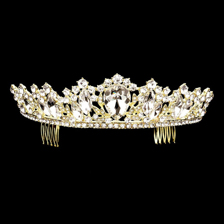 Gold Teardrop Marquise Stone Accented Princess Tiara, this tiara features precious stones and an artistic design. Makes you more eye-catching in the crowd. She will be instantly transformed into a fairytale princess. A stunning teardrop stone tiara that can be a perfect bridal headpiece. This hair accessory is really beautiful, pretty, and lightweight. 