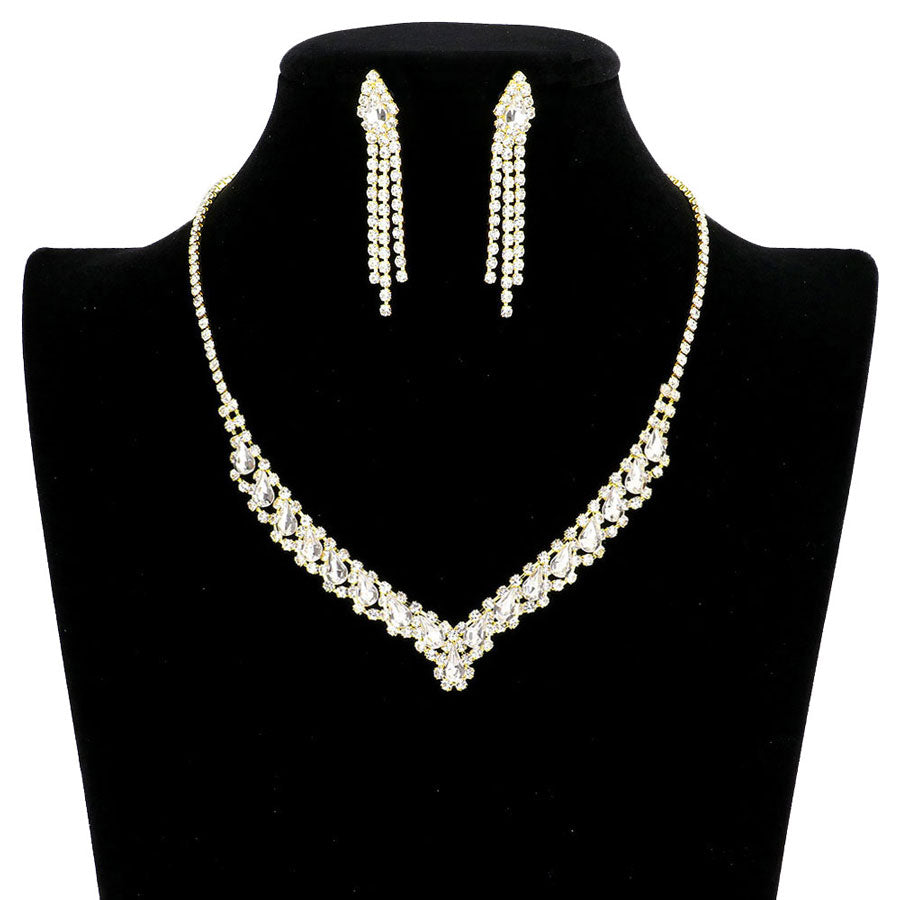 Gold Teardrop Stone Accented Collar Rhinestone Pave Necklace, These gorgeous Rhinestone pieces will show your class on any special occasion. The elegance of these rhinestones goes unmatched. Brings a gorgeous glow to your outfit to show off royalty on any special occasion. Perfect for adding just the right amount of glamour and sophistication to important occasions. These classy Rhinestone Jewelry Sets are perfect for parties, Weddings, and Evenings. 