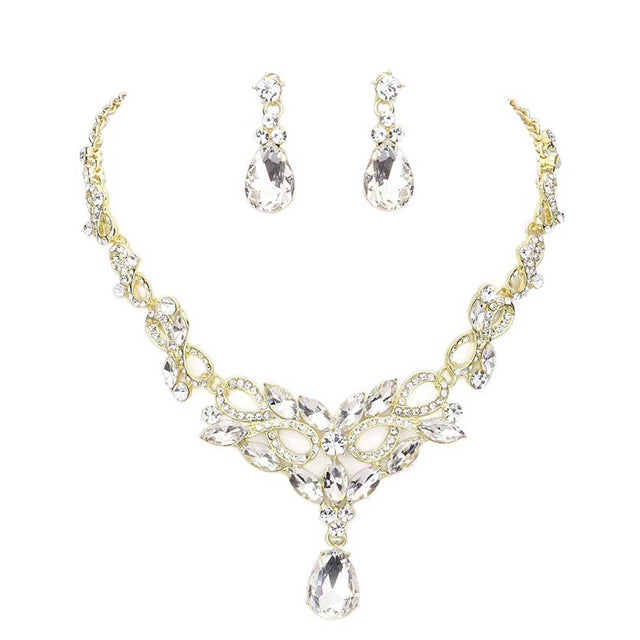 Gold Teardrop Stone Accented Evening Necklace. Get ready with these stone necklaces, put on a pop of shine to complete your ensemble. Perfect for adding just the right amount of shimmer and a touch of class to special events. These classy jewelry sets are perfect for Party, Wedding and Evening. Awesome gift for birthday, Anniversary, Valentine’s Day or any special occasion.