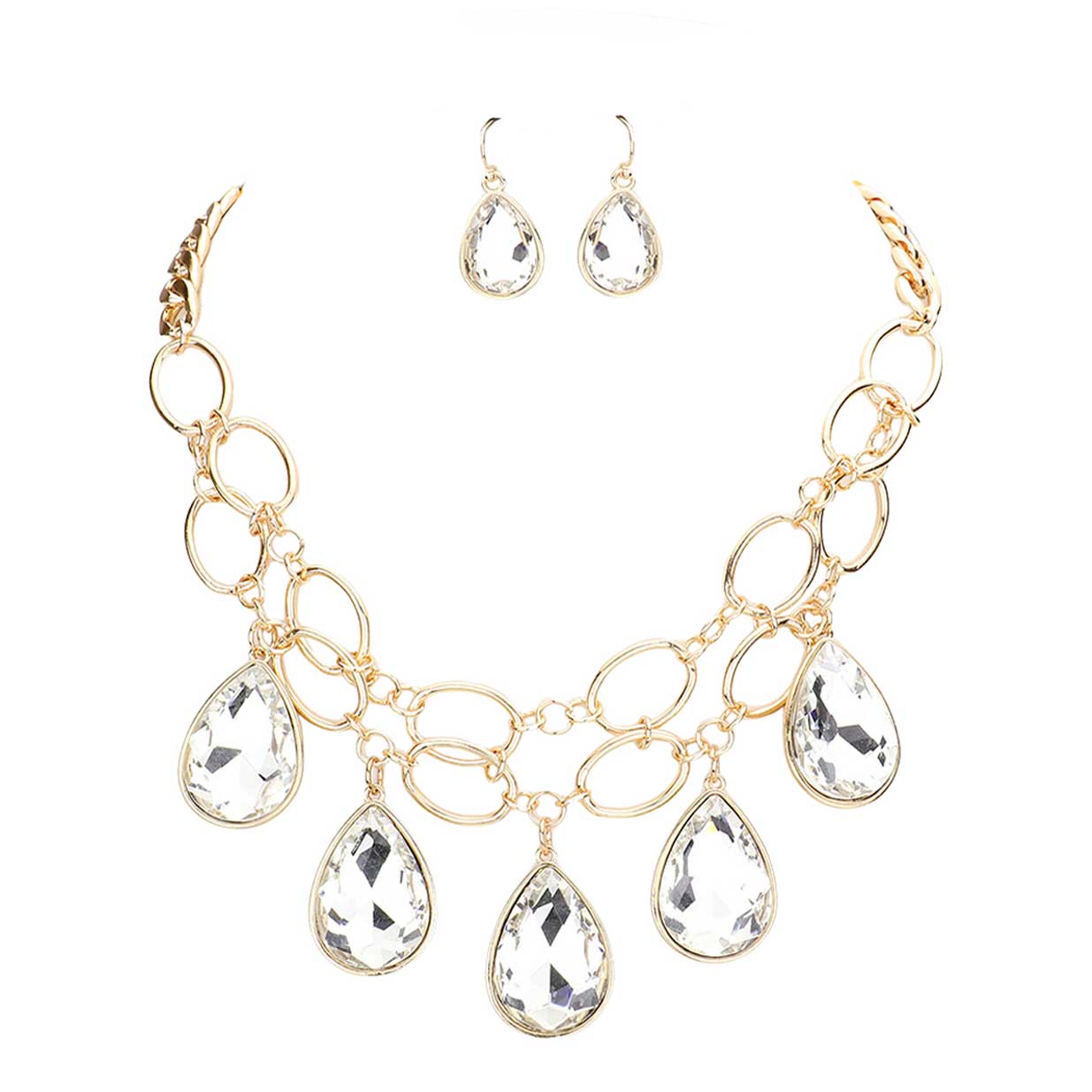 Gold Teardrop Stone Accented Open Metal Oval Link Evening Necklace, this gorgeous jewelry set will show your class on any special occasion. The elegance of these stones goes unmatched, great for wearing at a party! stunning jewelry set will sparkle all night long making you shine like a diamond on special occasions. Perfect jewelry to enhance your look and for wearing at parties, weddings, date nights, or any special event.
