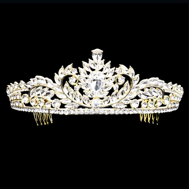 Gold Teardrop Stone Accented Princess Tiara. Elegant and sparkling, this tiara features stones and an artistic design. Perfect for adding just the right amount of shimmer & shine, will add a touch of class, beauty and style to your special events. Makes You More Eye-catching in the Crowd. Suitable for Weddings, Engagements, proms, Dinner Parties, Birthday Party, Any Occasion You Want to Be More Charming.