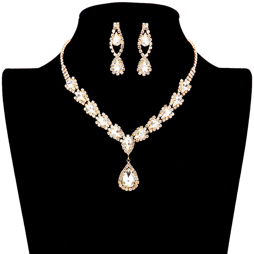 Gold Teardrop Stone Accented Rhinestone Necklace. Beautifully crafted design adds a gorgeous glow to any outfit. Jewelry that fits your lifestyle! Perfect Birthday Gift, Anniversary Gift, Mother's Day Gift, Anniversary Gift, Graduation Gift, Prom Jewelry, Just Because Gift, Thank you Gift.