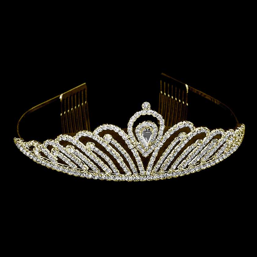 Gold Teardrop Accented Royal Crystal Rhinestone Tiara, this tiara features precious crystal rhinestone and an artistic design. Perfect for adding just the right amount of shimmer & shine, will add a touch of class, beauty and style to your special events. Suitable for Wedding, Engagement, Prom, Dinner Party, Birthday Party, Any Occasion You Want to Be More Charming.