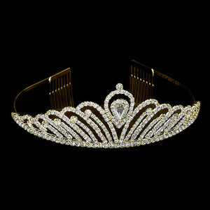 Gold Teardrop Accented Royal Crystal Rhinestone Tiara, this tiara features precious crystal rhinestone and an artistic design. Perfect for adding just the right amount of shimmer & shine, will add a touch of class, beauty and style to your special events. Suitable for Wedding, Engagement, Prom, Dinner Party, Birthday Party, Any Occasion You Want to Be More Charming.