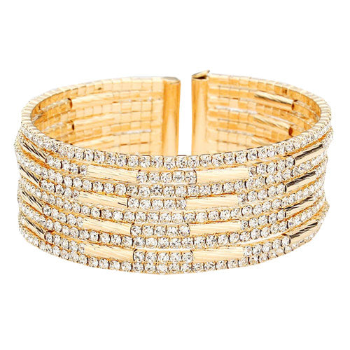 Gold Trendy Lead and Nickel Compliant Rhinestone Cuff Bracelet, Get ready with these Cuff Bracelet, put on a pop of color to complete your ensemble. Perfect for adding just the right amount of shimmer & shine and a touch of class to special events. Perfect Birthday Gift, Anniversary Gift, Mother's Day Gift, Graduation Gift.