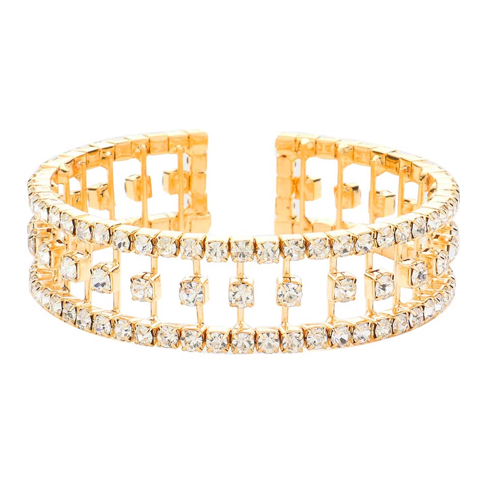 Gold Trendy Brass Metal Rhinestone Cuff Evening Bracelet, get ready with this rhinestone bracelet to receive the best compliments on any special occasion. Put on a pop of color to complete your ensemble and make you stand out on special occasions. Awesome gift for anniversaries, Valentine’s Day, or any special occasion.