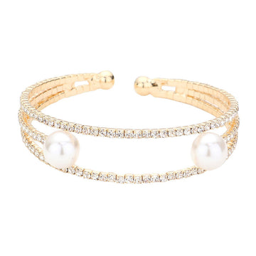 Gold Trendy Pearl Accented Split Rhinestone Cuff Evening Bracelet, The combination of rhinestone and Pearl adds a extra glow to your outfit. Pair these with tee and jeans and you are good to go. Jewelry that fits your lifestyle! It will be your new favorite go-to accessory. Perfect jewelry gift to expand a woman's fashion wardrobe with a classic, timeless style. Awesome gift for birthday, Anniversary, Valentine‚Äôs Day or any special occasion.