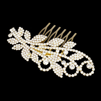 Gold Trendy Rhinestone Sprout Hair Comb. Perfect for adding just the right amount of shimmer & shine, will add a touch of class, beauty and style to your wedding, prom, special events, trendy rhinestone sprout hair comb will keep your hair sparkling all day & all night long. The elegant design will enhance your beauty, attracting everyone's attention and transforming you into a bright star to wear with this sprout hair comb.
