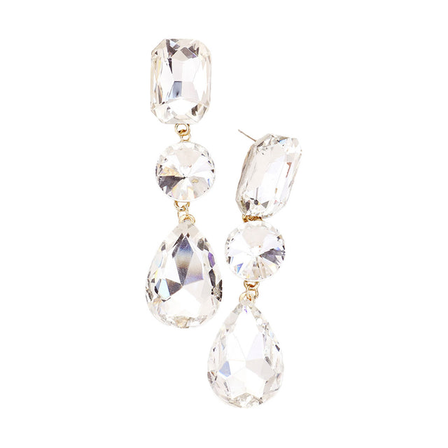 Gold Triple Crystal Rhinestone Evening Earrings. Elegance becomes you in these shiny glamorous Rhinestone earrings, the perfect sparkling accessory to add some sophisticated fun to your next social event. Coordinate this evening earrings with any ensemble from business casual wear, the perfect addition to every outfit. Perfect Gift Birthday, Holiday, Christmas, Valentine's Day, Anniversary, Just Because gift.