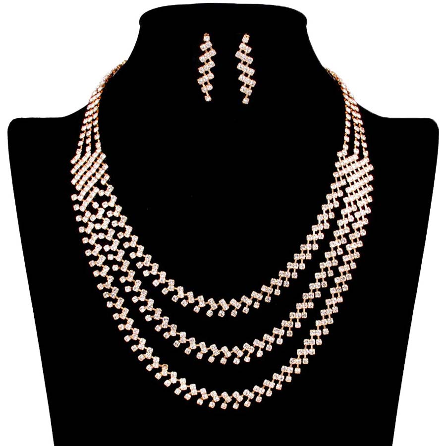 Gold Triple Layered Rhinestone Pave Necklace, These gorgeous Rhinestone pieces will show your perfect beauty & class on any special occasion. The elegance of these rhinestones goes unmatched. Great for wearing at a party! Perfect for adding just the right amount of glamour and sophistication to important occasions. These classy Rhinestone Pave Jewelry Sets are perfect for parties, Weddings, and Evenings. Awesome gift for birthdays, anniversaries, Valentine’s Day, or any special occasion.
