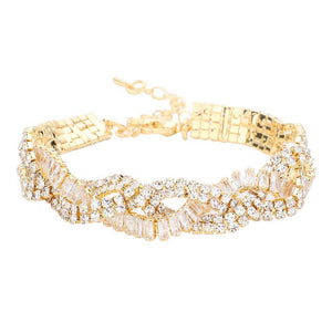 Gold Twisted CZ Stone Pave Evening Bracelet. These gorgeous Stone pieces will show your class in any special occasion. The elegance of these Stone goes unmatched, great for wearing at a party! Perfect jewelry to enhance your look. Awesome gift for birthday, Anniversary, Valentine’s Day or any special occasion.