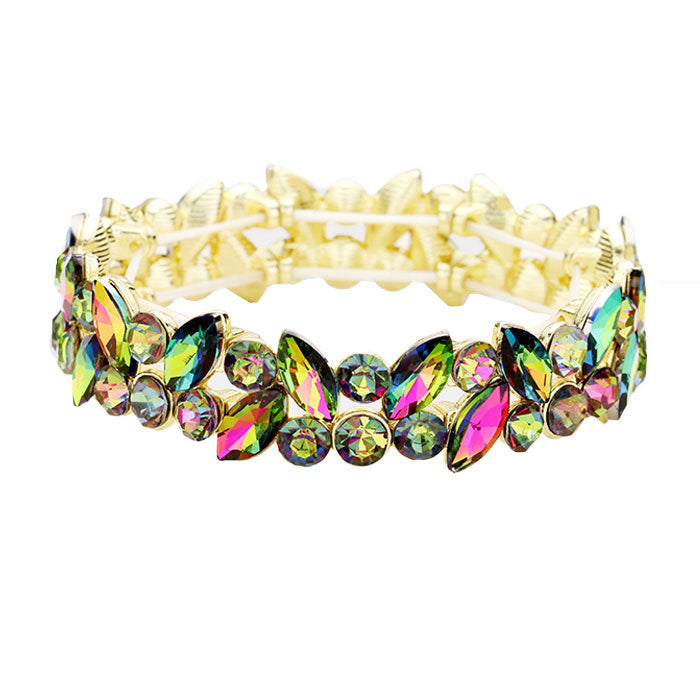 Gold Vitrail Glass Crystal Marquise Stone Cluster Stretch Bracelet, Get ready with these Rhinestone Coil Bracelet, put on a pop of color to complete your ensemble. Perfect for adding just the right amount of shimmer & shine and a touch of class to special events. Perfect Birthday Gift, Anniversary Gift, Mother's Day Gift.