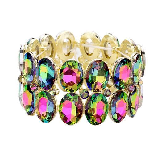 Gold Vitrail Glass Crystal Oval Stone Cluster Stretch Bracelet. Get ready with these Bracelet, put on a pop of colour to complete your ensemble. Perfect for adding just the right amount of shimmer & shine and a touch of class to special events. Perfect Birthday Gift, Anniversary Gift, Mother's Day Gift, Graduation Gift, Prom Jewellery, Just Because Gift, Thank you Gift.