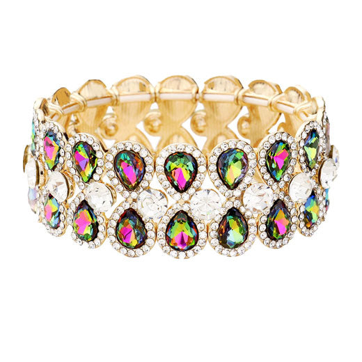Gold Vitrail Teardrop Glass Crystal Pave Stretch Evening Bracelet; Look as regal on the outside as you feel on the inside, feel absolutely flawless. Fabulous fashion and sleek style adds a pop of pretty color to your attire, coordinate with any ensemble from business casual to everyday wear