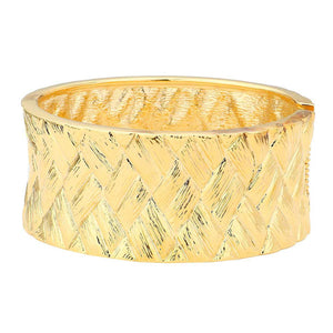 Gold Weave Texture Metal Hinged Bangle Bracelet. Look as regal on the outside as you feel on the inside, create that mesmerizing look you have been craving for!  Can go from the office to after-hours with ease, adds a sophisticated glow to any outfit. Sparkling round glass material, stylish bangle bracelet that is easy to put on, take off and comfortable to wear. Perfect gift for your loved one.