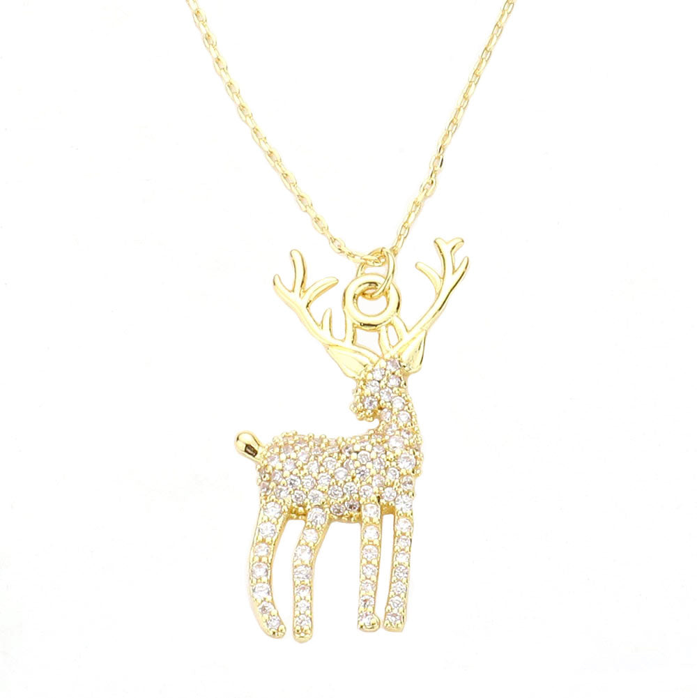 Gold White Gold Dipped CZ Reindeer Pendant Necklace, is a bold, eye-catching designed beautiful accessory for this Christmas.  These modern & cool-designed earrings feature everything from casual to sophisticated looks. Earrings that fit your lifestyle and make you stand out! It will be your new favorite accessory to amp up your confidence and complete your outfits. Coordinate with any ensemble from business casual to wear. 