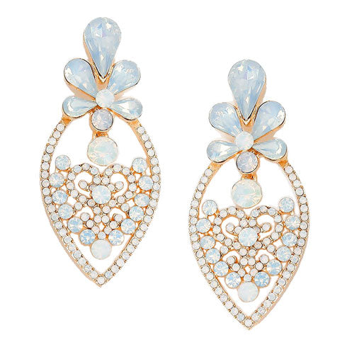 Gold White Opal Crystal Rhinestone Flower Heart Evening Earrings. Get ready with these bright earrings, put on a pop of color to complete your ensemble. Perfect for adding just the right amount of shimmer & shine and a touch of class to special events. Perfect Birthday Gift, Anniversary Gift, Mother's Day Gift, Graduation Gift.