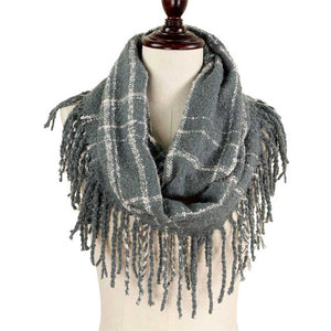Gray 2-Tone Plaid Infinity W/Fringe, on trend & fabulous, a luxe addition to any cold-weather ensemble. Great for daily wear in the cold winter to protect you against chill, classic infinity-style scarf & amps up the glamour with plush material that feels amazing snuggled up against your cheeks.