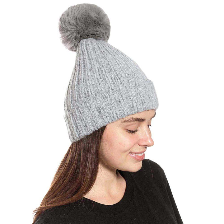 Gray Beautiful Cable Knit Pom Pom Beanie Hat, Before running out the door into the cool air, you’ll want to reach for this toasty beanie to keep you incredibly warm. Whenever you wear this beanie hat, you'll look like the ultimate fashionista. Accessorize the fun way with this faux fur pom pom hat, it's the autumnal touch you need to finish your outfit in style. Awesome winter gift accessory! Perfect Gift Birthday, Christmas, Stocking Stuffer, Secret Santa, Holiday, Anniversary, Valentine's Day, etc.