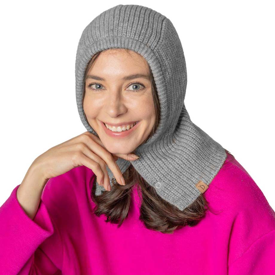 Gray Buttoned Snood Hat, This classic snood will provide warmth and comfort in the winter and cold days. Comfortable and lightweight, made with breathable fabric. It is shaped to fit around collars and has a neck cord with a toggle to ensure a comfortable fit. The fabulous & stylish knitting pattern makes it fantastic. A hat and snood will become a favorite accessory in cold weather for every day indoors and outer. 