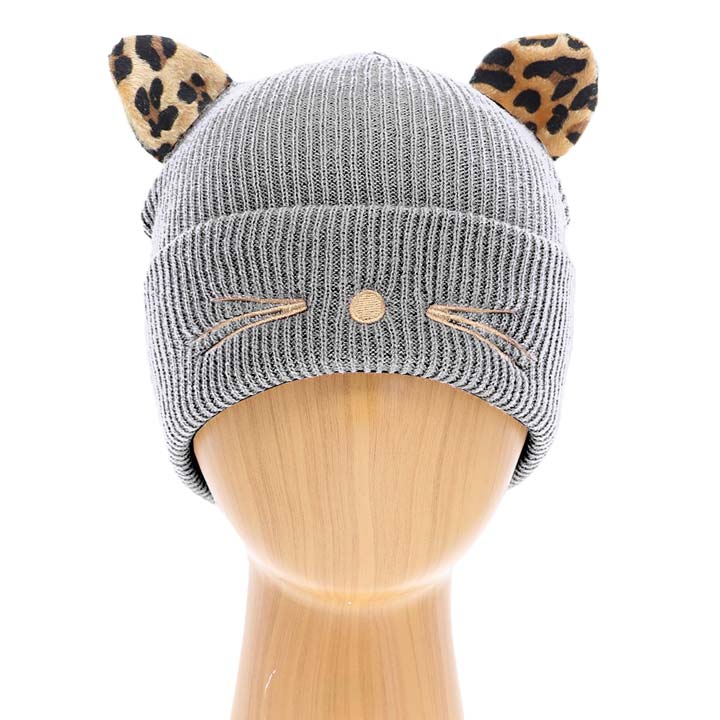 Gray Cable Knit Leopard Pattern Cat Ear Beanie Hat, before running out the door into the cool air, you’ll want to reach for this cable knit toasty beanie to keep you incredibly warm. It will make you stand out from the crowd. Accessorize the fun way with this faux fur pom pom hat, it's the autumnal touch you need to finish your outfit in style. Perfect to wear at winter parties, prom, graduation, wedding, etc. Awesome winter gift accessory!