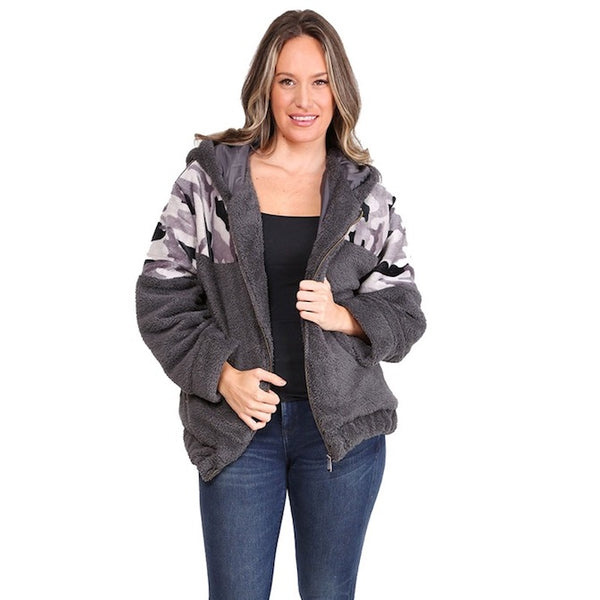 Gray Camouflage Faux Shearing Zipper Closure Pocketed Hoodie Sweater Jacket, the perfect accessory, luxurious, trendy, super soft chic capelet, keeps you warm & toasty. You can throw it on over so many pieces elevating any casual outfit! Perfect Gift Birthday, Holiday, Christmas, Anniversary, Wife, Mom, Special Occasion