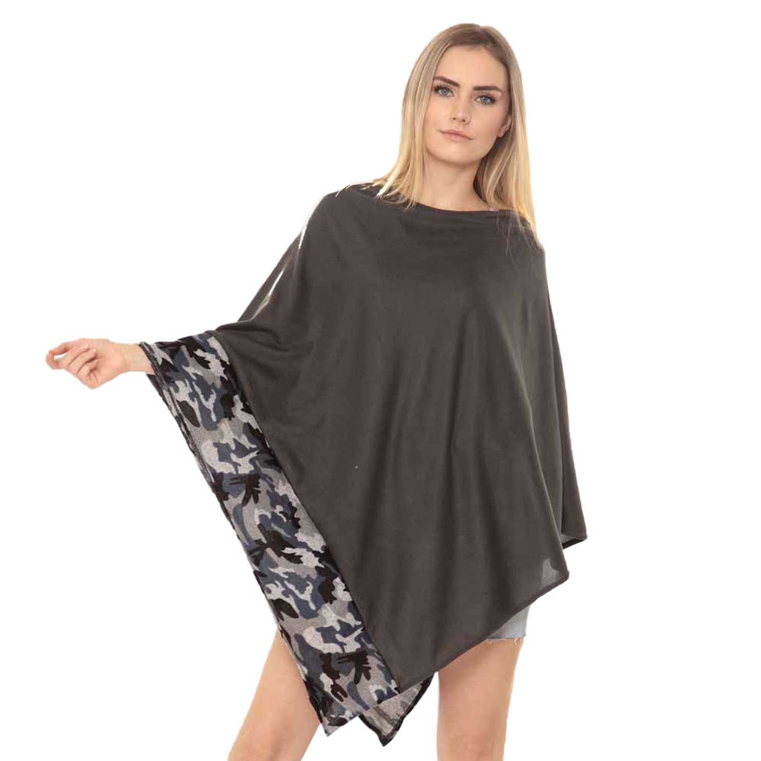 Black Camouflage Pattern Trim Poncho, This timeless trim Poncho is Soft, Lightweight and Breathable Fabric, Close to Skin, Comfortable to Wear. Sophisticated, flattering and cozy, this Poncho drapes beautifully for a relaxed, pulled-together look. Suitable for Weekend, Work, Holiday, Beach, Party, Club, Night, Evening, Date, Casual and Other Occasions in Spring, Summer and Autumn.