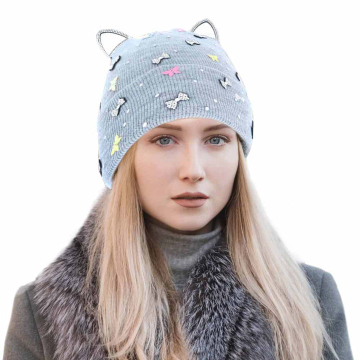 Gray Cat Ear Ribbon Stone Embellished Beanie Hat, cat ear ribbon toasty beanie to keep you incredibly warm. It will make you stand out from the crowd. Accessorize the fun way with this stone embellished hat, it's the autumnal touch you need to finish your outfit in style. Perfect to wear at winter parties, prom, graduation, wedding, etc. Awesome winter gift accessory!