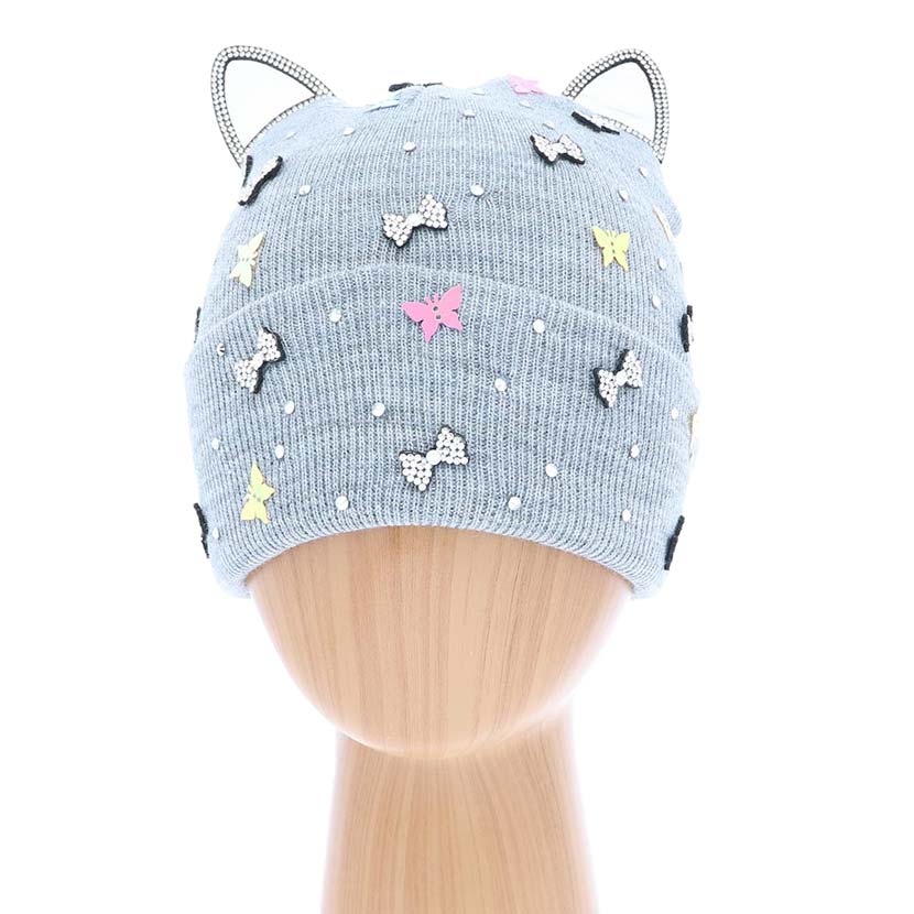 Gray Cat Ear Ribbon Stone Embellished Beanie Hat, cat ear ribbon toasty beanie to keep you incredibly warm. It will make you stand out from the crowd. Accessorize the fun way with this stone embellished hat, it's the autumnal touch you need to finish your outfit in style. Perfect to wear at winter parties, prom, graduation, wedding, etc. Awesome winter gift accessory!