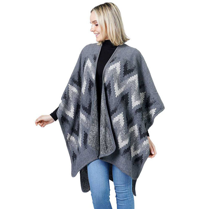 Gray Chevron Pattern Cape, on trend & fabulous, a luxe addition to any weather ensemble. The perfect accessory, luxurious, trendy, super soft chic capelet, keeps you very comfortable. You can throw it on over so many pieces elevating any casual outfit! Perfect Gift for Wife, Mom, Birthday, Holiday, Anniversary, Fun Night Out.