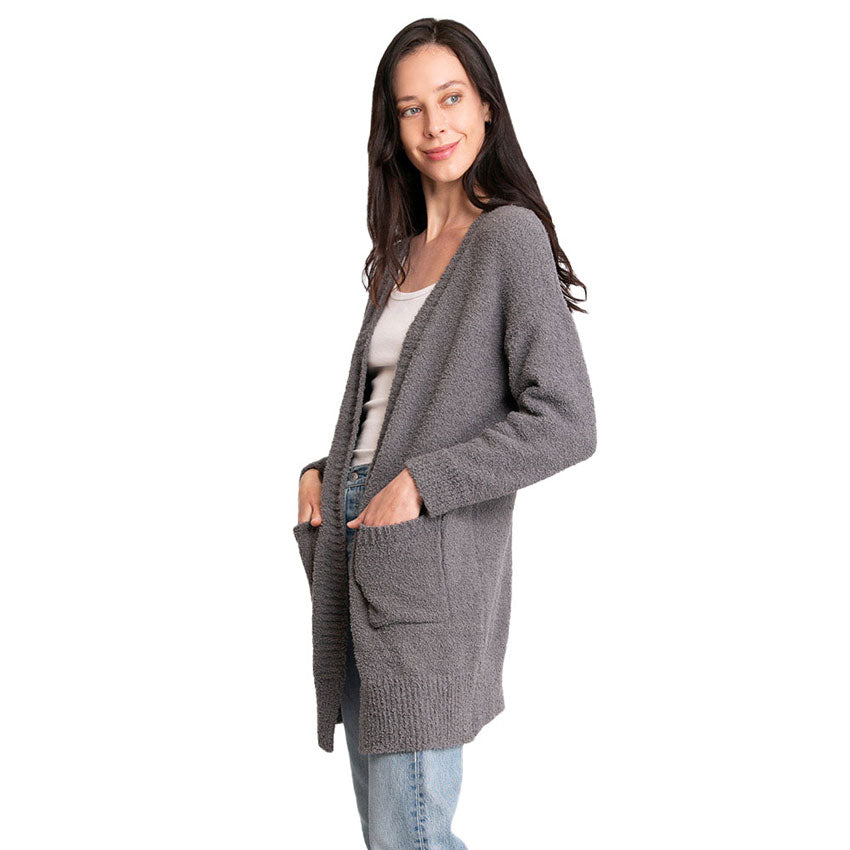 Black Fall Winter Solid Front Pocket Cardigan, the perfect accessory, luxurious, trendy, super soft chic capelet, keeps you warm and toasty. You can throw it on over so many pieces elevating any casual outfit! Perfect Gift for Wife, Mom, Birthday, Holiday, Christmas, Anniversary, Fun Night Out