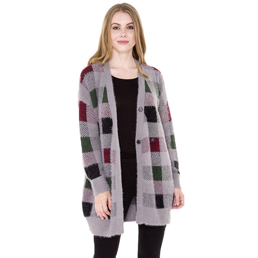 Gray Fall Winter Plaid Check Cardigan, the perfect accessory, luxurious, trendy, super soft chic capelet, keeps you warm and toasty. You can throw it on over so many pieces elevating any casual outfit! Perfect Gift for Wife, Mom, Birthday, Holiday, Christmas, Anniversary, Fun Night Out