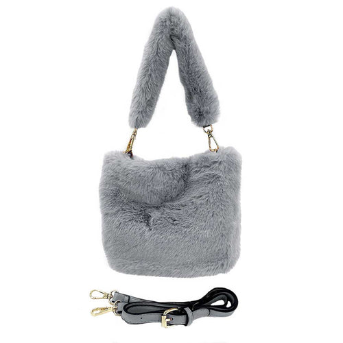 Fashionable Solid Faux Fur Tote Crossbody Bag - Gray