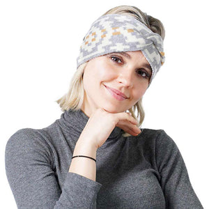 Gray Fashionable Western Pattern Knit Headband. On trend & fabulous, a luxe addition to any cold-weather ensemble. Great for daily wear in the cold winter to protect you against chill, classic infinity-style scarf & amps up the glamour with plush material that feels amazing snuggled up against your cheeks. perfect Gift for Wife, Mom, Birthday, Holiday, Christmas, Anniversary, Fun Night Out!