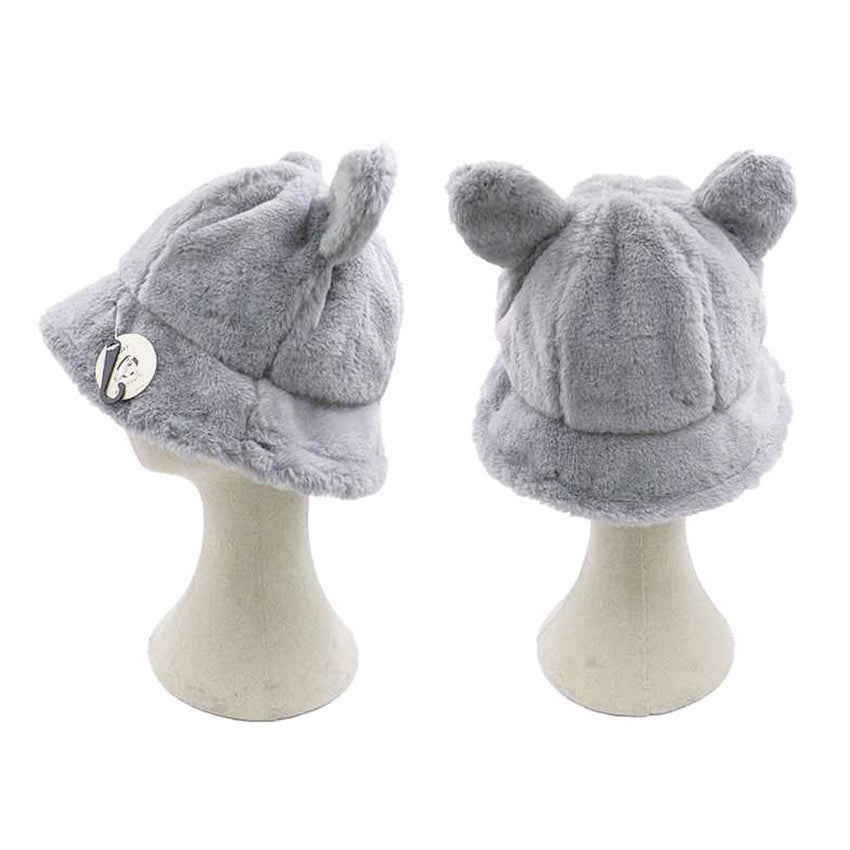 Gray Faux Fur Bear Ear Bucket Hat, Show your excellent choice with this chic Faux Fur bear Bucket Hat. This animal themed bucket hat is nicely designed and a great addition to your attire. Have fun and look Stylish anywhere outdoors. Great for covering up when you are having a bad hair day. Perfect for protecting you from the wind, snow, beach, pool, camping, or any outdoor activities in cold weather. Amps up your outlook with confidence with this trendy bucket hat. 