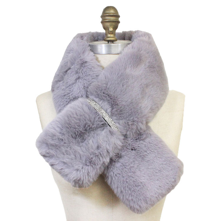 Gray Faux Fur Bling Pull Through Scarf, delicate, warm, on trend & fabulous, a luxe addition to any cold-weather ensemble. Great for daily wear in the cold winter to protect you against chill, classic infinity-style scarf & amps up the glamour with plush material that feels amazing snuggled up against your cheeks.