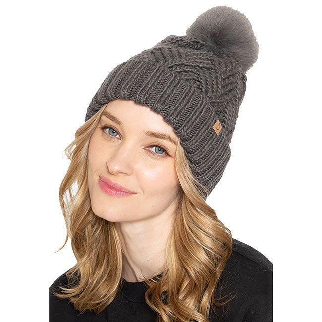 Gray Faux Fur Pom Pom Cable Knit Beanie Hat, Accessorize the fun way with this pom pom beanie hat, the autumnal touch you need to finish your outfit in style. Awesome winter gift accessory! Perfect Gift Birthday, Christmas, Holiday, Anniversary, Valentine’s Day, Loved One.