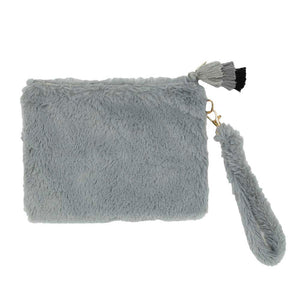 Gray Faux Fur Tassel Pouch With Wristlet, shows your trendy look with this awesome tassel pouch design wristlet bag. Whether you are out shopping, going to the pool or beach, or anywhere else. These tassel themed pouch bag is the perfect accessory for holding your handy items comfortably. Spacious enough for carrying any and all of your belongings and essentials. Perfect Birthday Gift, Anniversary Gift, Just Because Gift, Mother's Day Gift.
